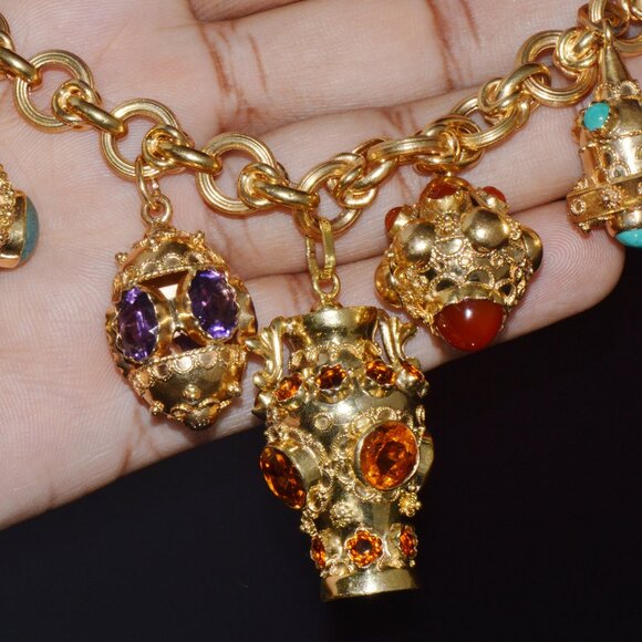 Estate Italian Etruscan Solid 18K Gold Citrine Turquoise Charm Fob Bracelet - Picture 12 of 14